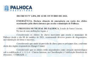 Read more about the article Palhoça decreta situação de emergência