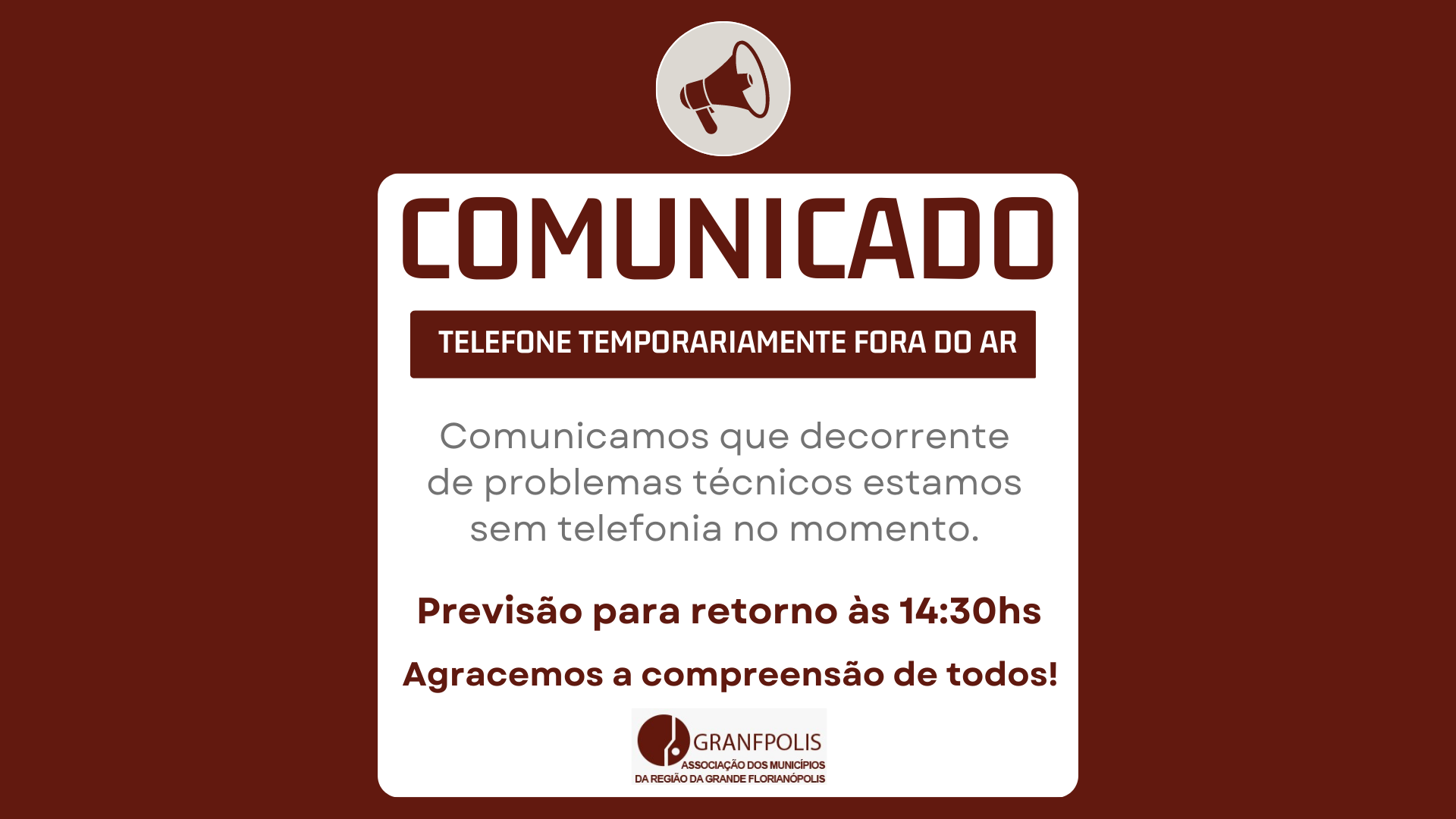 Read more about the article COMUNICADO – Telefonia temporariamente fora do ar